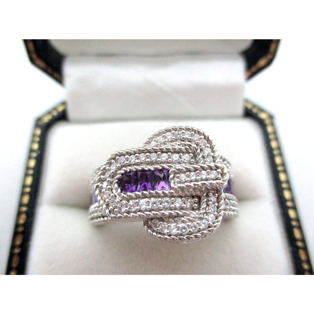 Judith Ripka 925 Silver BELT Buckle Amethyst CZ Ring Size 9 Pouch & Box